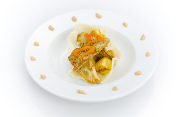 White fish and pinapple with peanut and pepper dressing