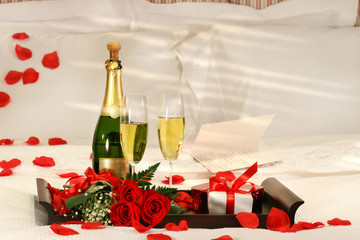 Champagne in bed to celebrate Valentine's Day
