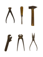 Group of old DIY tools, isolated on white background