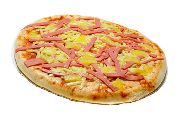 Uncooked ham and pineapple pizza isolated on white background..