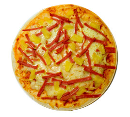 Ham and pineapple pizza isolated on white background..