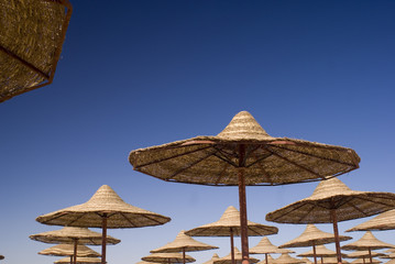 Umbrellas on the sky background