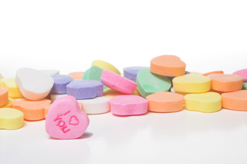 Conversation hearts Valentines day candy. Concept of love.