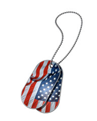 A pair of military dog tags with the US flag on white