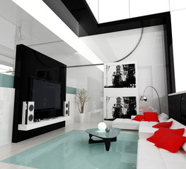 Interior of a modern white drawing tv room