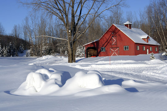 Red Barn Covered With Fresh Snow