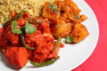 Chilli Chicken Tikka curry with pilau rice and Bombay aloo