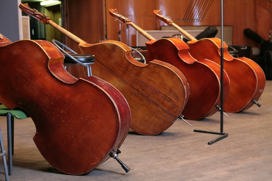 Vintage, music instruments, four old bass viols