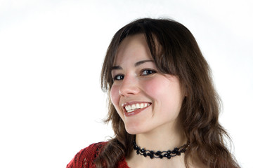 Portrait of young smiling woman isolated on white background