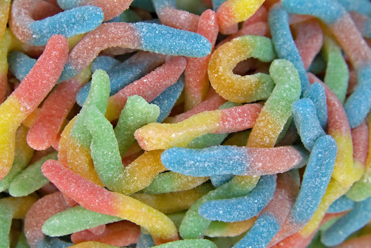 closeup of gummy jelly worms candies