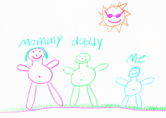 crayon drawing of a stick people family