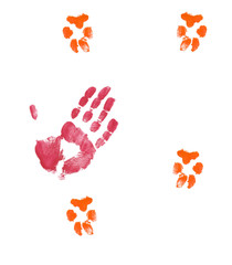 finger painted hand petting dog prints on white