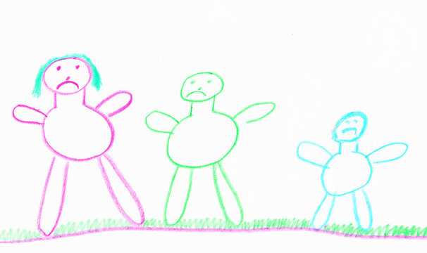 child drawing of an uphappy family in stick people