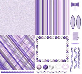 purple scrapbook kit with beads and feathers