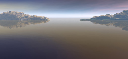 Computer generated Landscape with water, sky and mountains