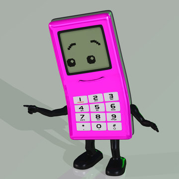 A toon cell phone with arms and legs.with Clipping Path