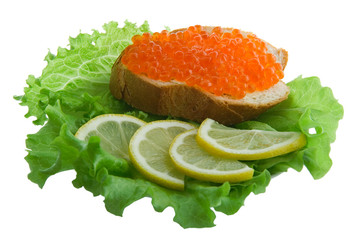 Caviar composition with lemon slices isolated on white