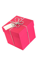 Pink gift box (square) with bow and tag