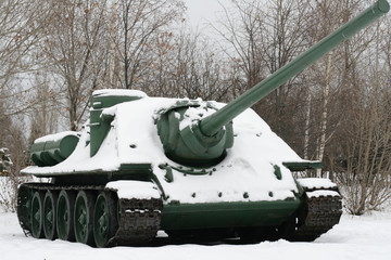 Self-propelled assault gun on eternal parking in winter park