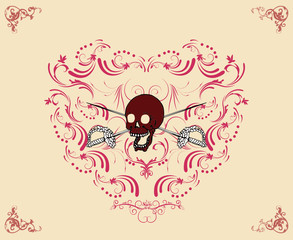 abstract design, floral heart with skull