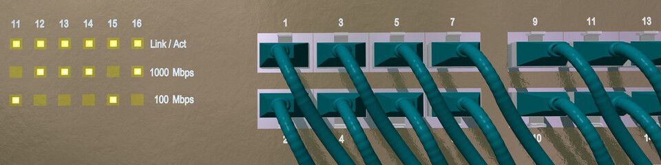 Macro/Close-up of ethernet cables connecting to a core router.