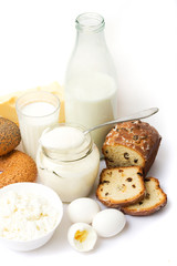 Healthy european breakfast  - milk, eggs, curd, etc.