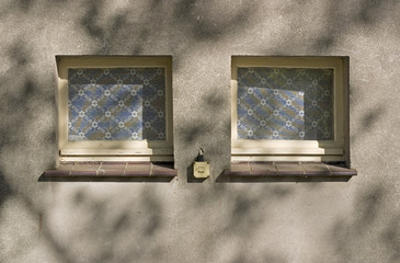 Two windows and a switch on an old building