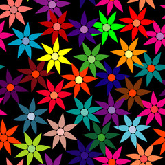 Vivid, colorful, repeating flower background on black