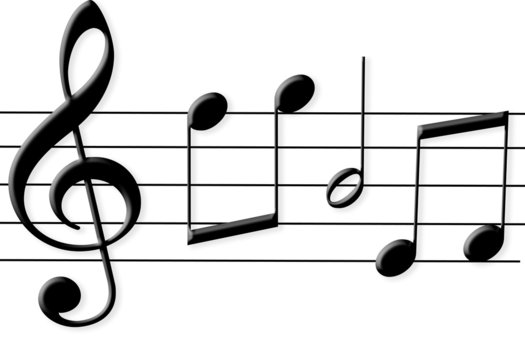 Five shiny black music notes with key and lines