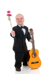 Little man, Don Juan dwarf with valentine rose and guitar,
