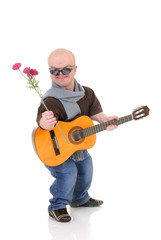 Little man, Don Juan dwarf with valentine rose and guitar,