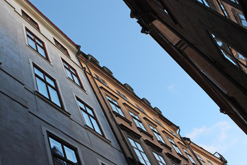 Fototapeta na wymiar Residential buildings in Stockholm on blue sky. Sweden.