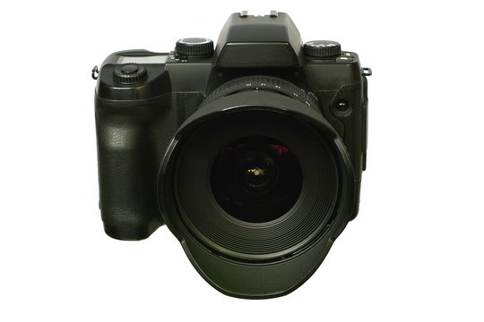 Digital single-lens reflex camera with wide lens.