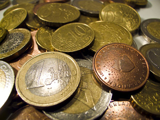 Close-up of several eurocoins
