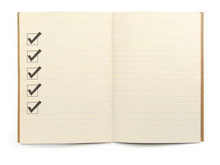 open lined notebook with checklist boxes against white 