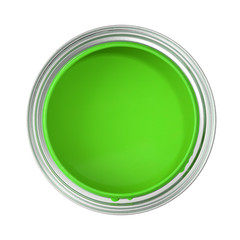 paint can filled with green paint (top view, isolated on white)