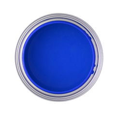 paint can filled with blue paint (top view, isolated on white)