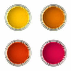 paint cans with yellow, orange, red and pink paint 