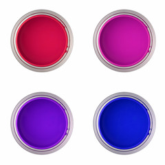 paint cans with red, pink, purple and blue paint 