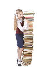 the schoolgirl and pile of books