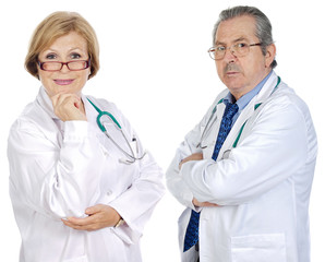 Couple of seniors doctors a over white background