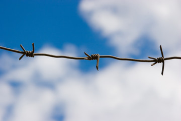 Barbed wire on the blue sky background