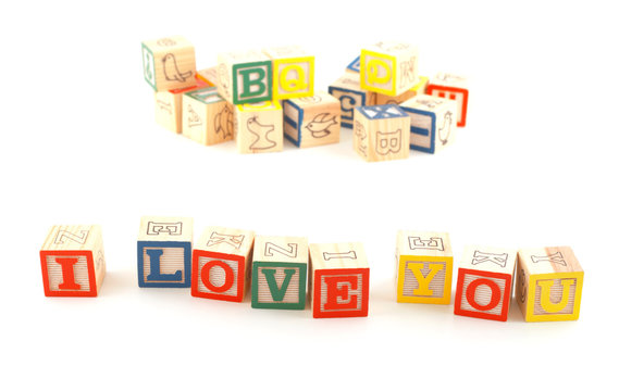 'I LOVE YOU' phrase made using wooden blocks