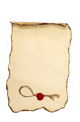 Paper scroll with with burned edges and stamp isolated on white