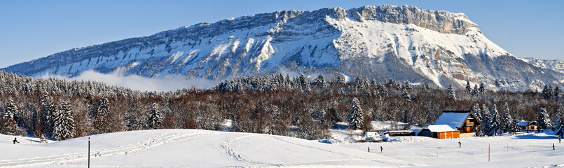 Paysage de montagne sous la neige en hiver (Savoie)
