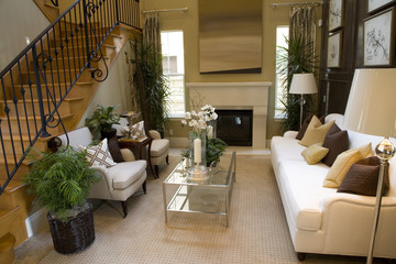 Living room with a fireplace and stylish decor.