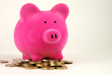 A Piggy bank on a pile of Money