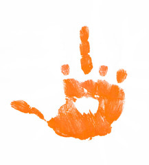 orange finger painted hand giving the flip sign