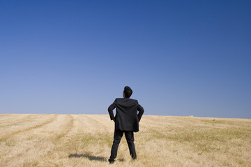 Businessman looking to the future in a field