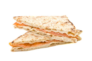 healthy smoked salmon sandwich on white background